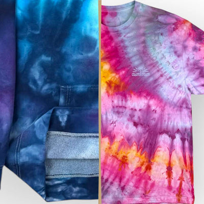 Two tie-dye shirts, one blue and one multicolored with a logo, on a white background.
