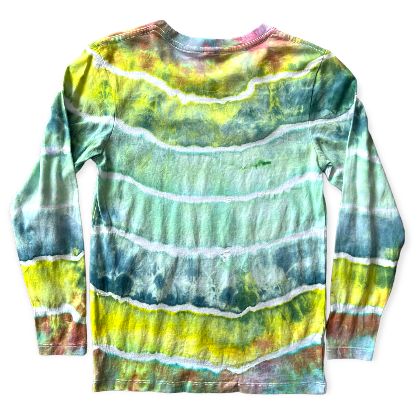 Load image into Gallery viewer, Aquas, Yellows &amp;amp; Pinks Stripe Tie Dye Long Sleeve Tee Age 10
