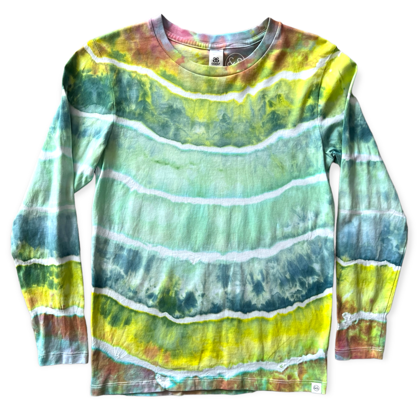 Load image into Gallery viewer, Aquas, Yellows &amp;amp; Pinks Stripe Tie Dye Long Sleeve Tee Age 10
